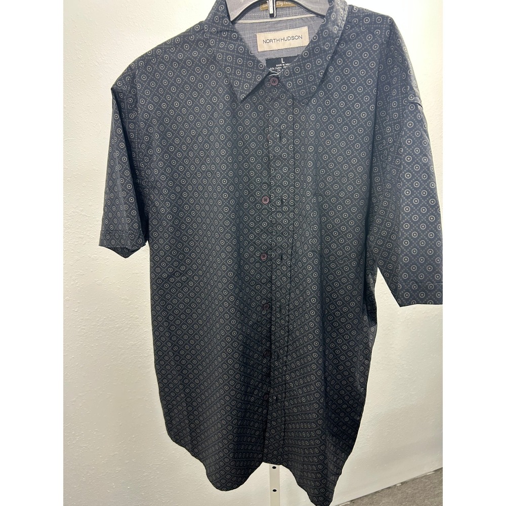 North Hudson Mens Large Short Sleeve Button Down Shirt Grey Geometric Print‎